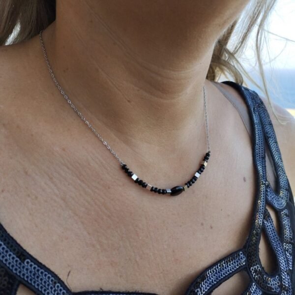 COLLAR ACERO PLATEADO CON PERLA NEGRA