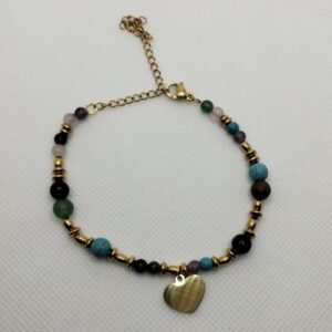 PULSERA ACERO DORADO BOLITAS TURQUESA Y COLGANTE CORAZON