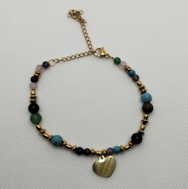 PULSERA ACERO DORADO BOLITAS TURQUESA Y COLGANTE CORAZON