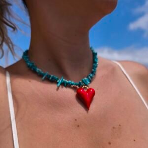 COLLAR CHIPS AZUL CORAZON ROJO LATIDO VERANIEGO